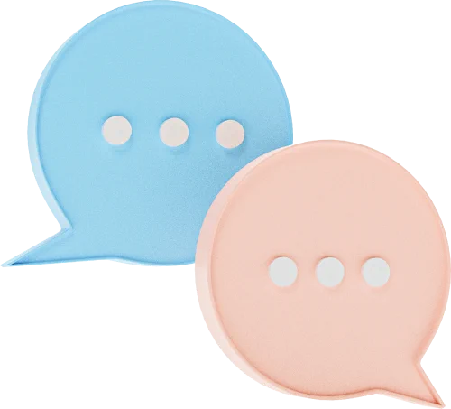Two blue and pink speech bubbles on a white background.