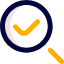 A dark blue magnifying glass with a yellow checkmark inside the lens.
