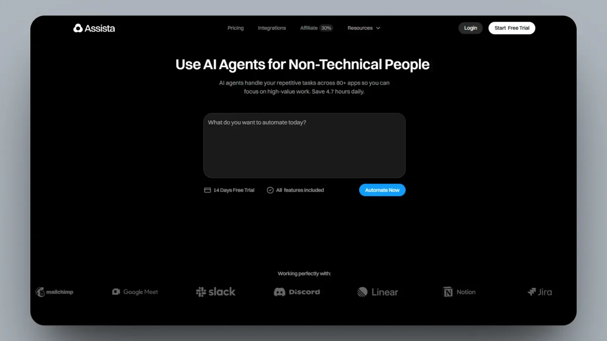 A website homepage for Assista AI promoting AI agents for non-technical users, featuring a search box, navigation menu, and logos of supported platforms at the bottom.