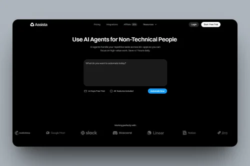 A website homepage for Assista AI promoting AI agents for non-technical users, featuring a search box, navigation menu, and logos of supported platforms at the bottom.